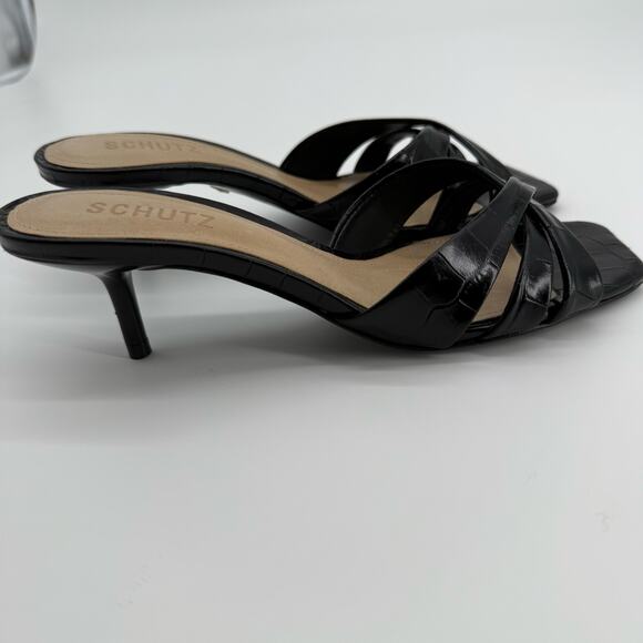 Schutz Keefa Black Croc Embossed Heeled Sandals Strappy Slip On Mules Womens 7 - Picture 6 of 14